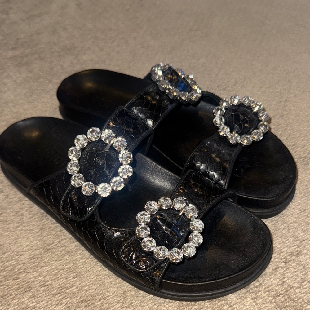 SCHUTZ Black Jeweled Double-Buckle Slide Sandals